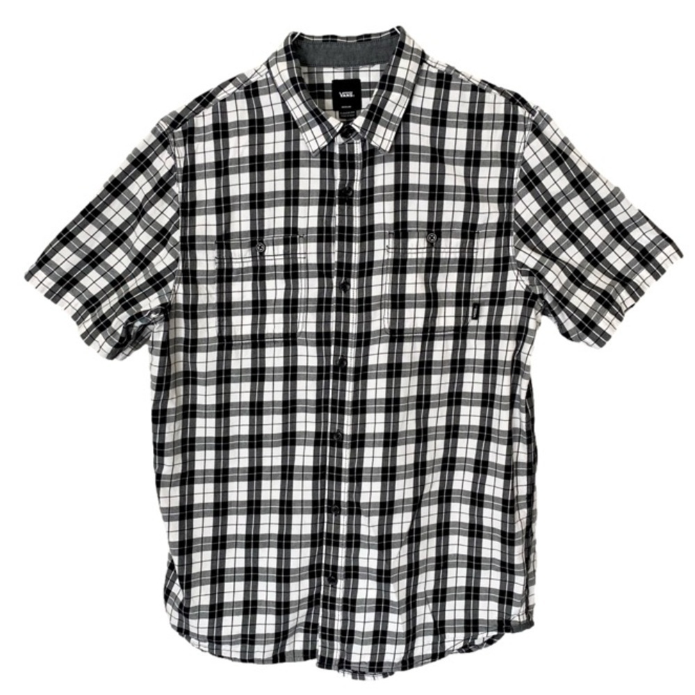 VANS Button Down Shirt Short Sleeve Black White Plaid Men's Size M